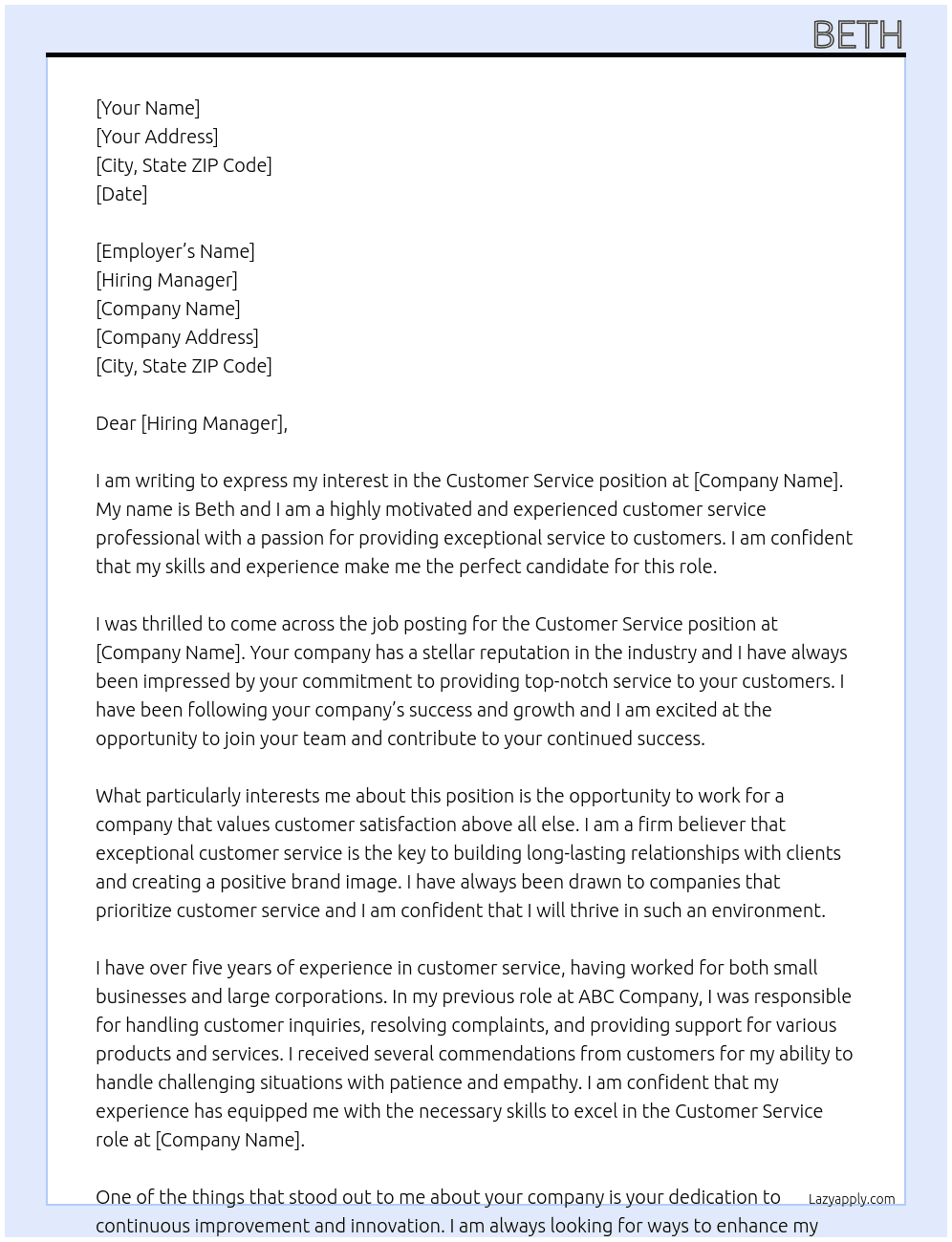 Customer service At xxxxx Cover Letter