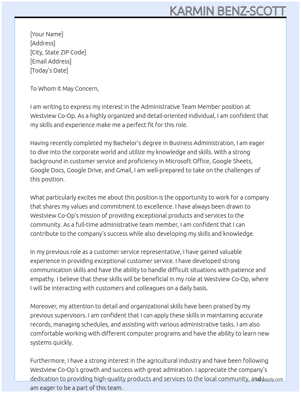 Administrative Team Member At Westview Co-Op Cover Letter
