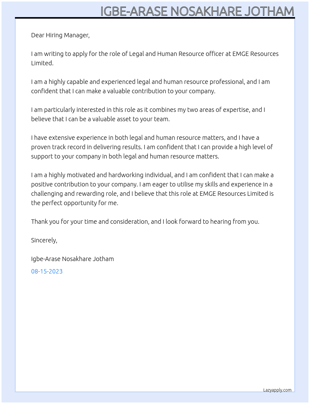 Legal and Human Resource officer At EMGE Resources Limited  Cover Letter