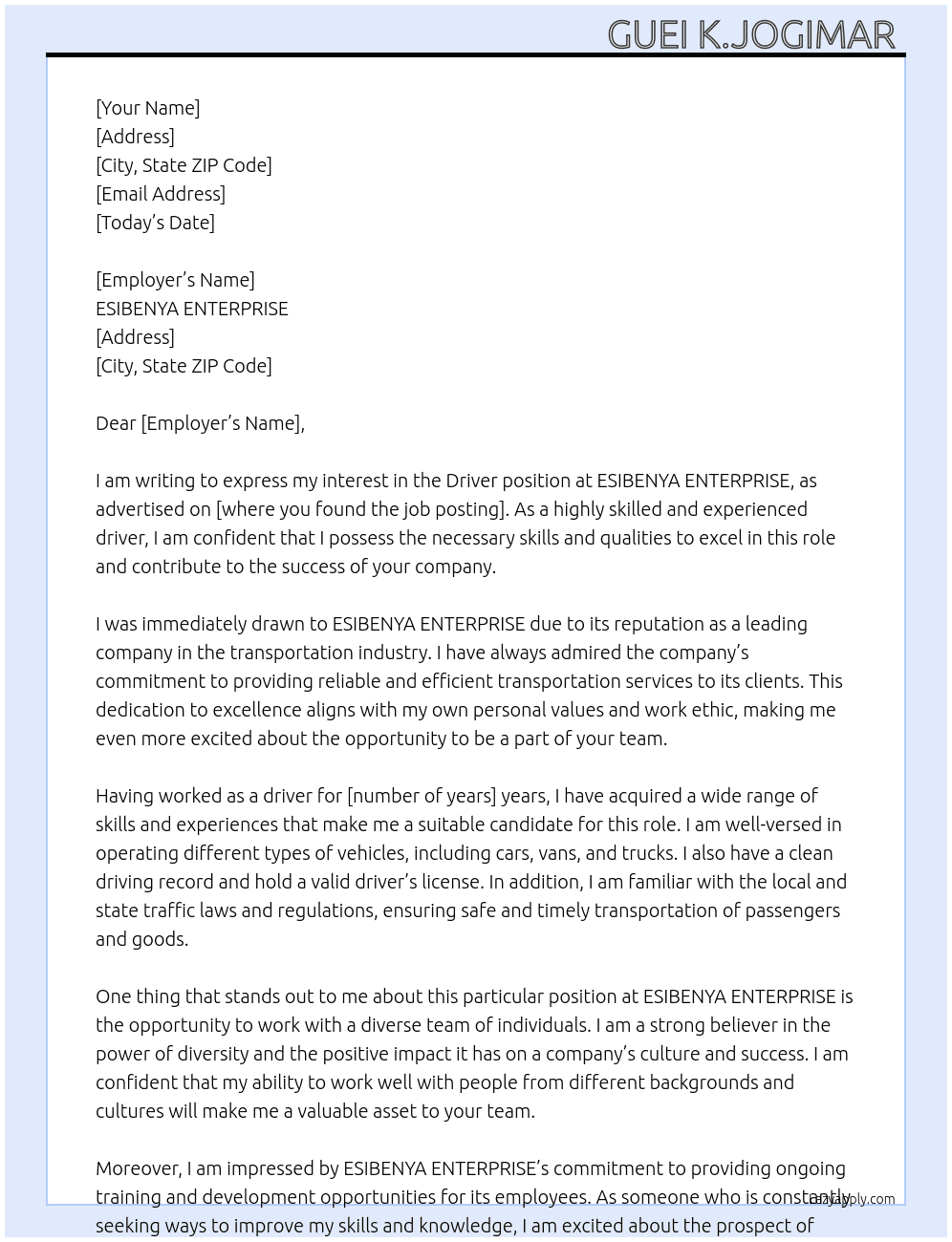 Driver At ESIBENYA ENTERPRISE  Cover Letter