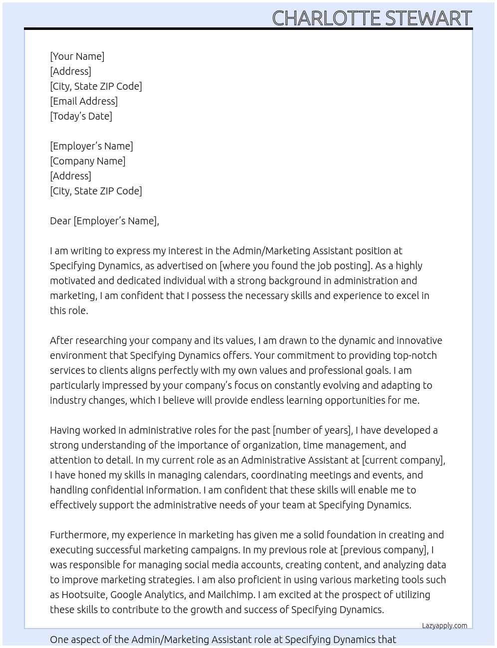 Admin/Marketing Assistant At Specifying Dynamics Cover Letter