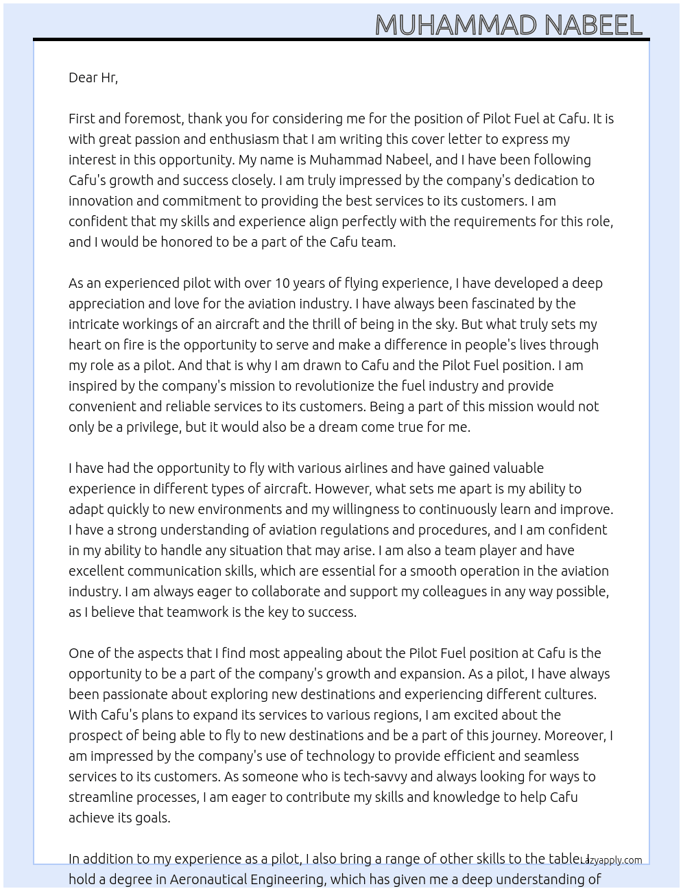 Pilot Fuel  At Cafu Cover Letter