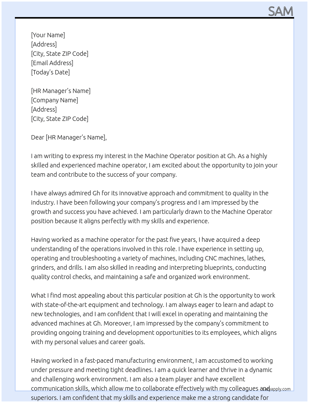 Machine operator  At Gh Cover Letter