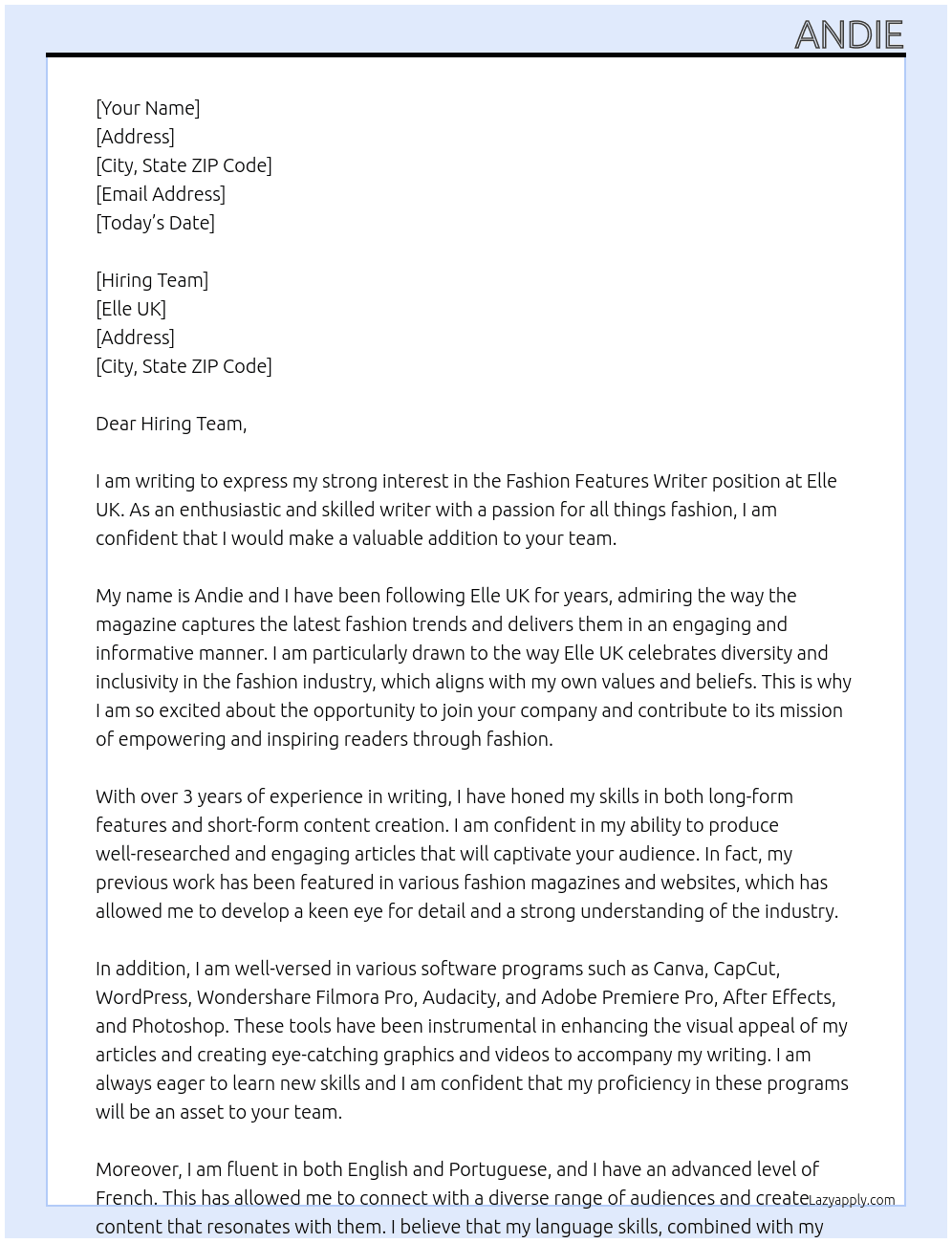Fashion Features Writer  At Elle UK Cover Letter