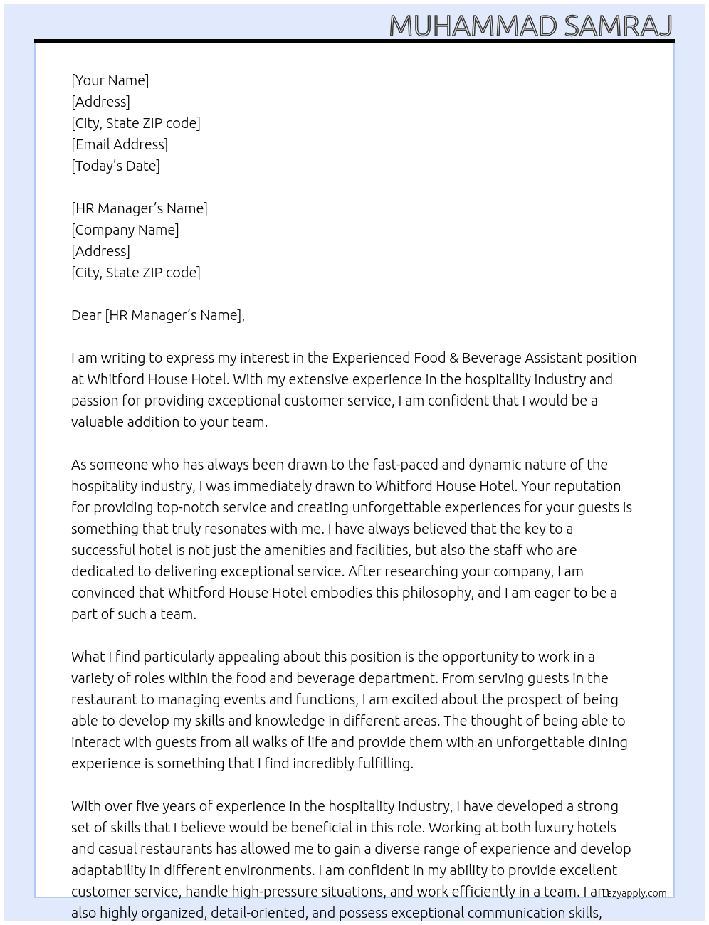 Experienced Food & Beverage Assistant At Whitford House Hotel Cover Letter