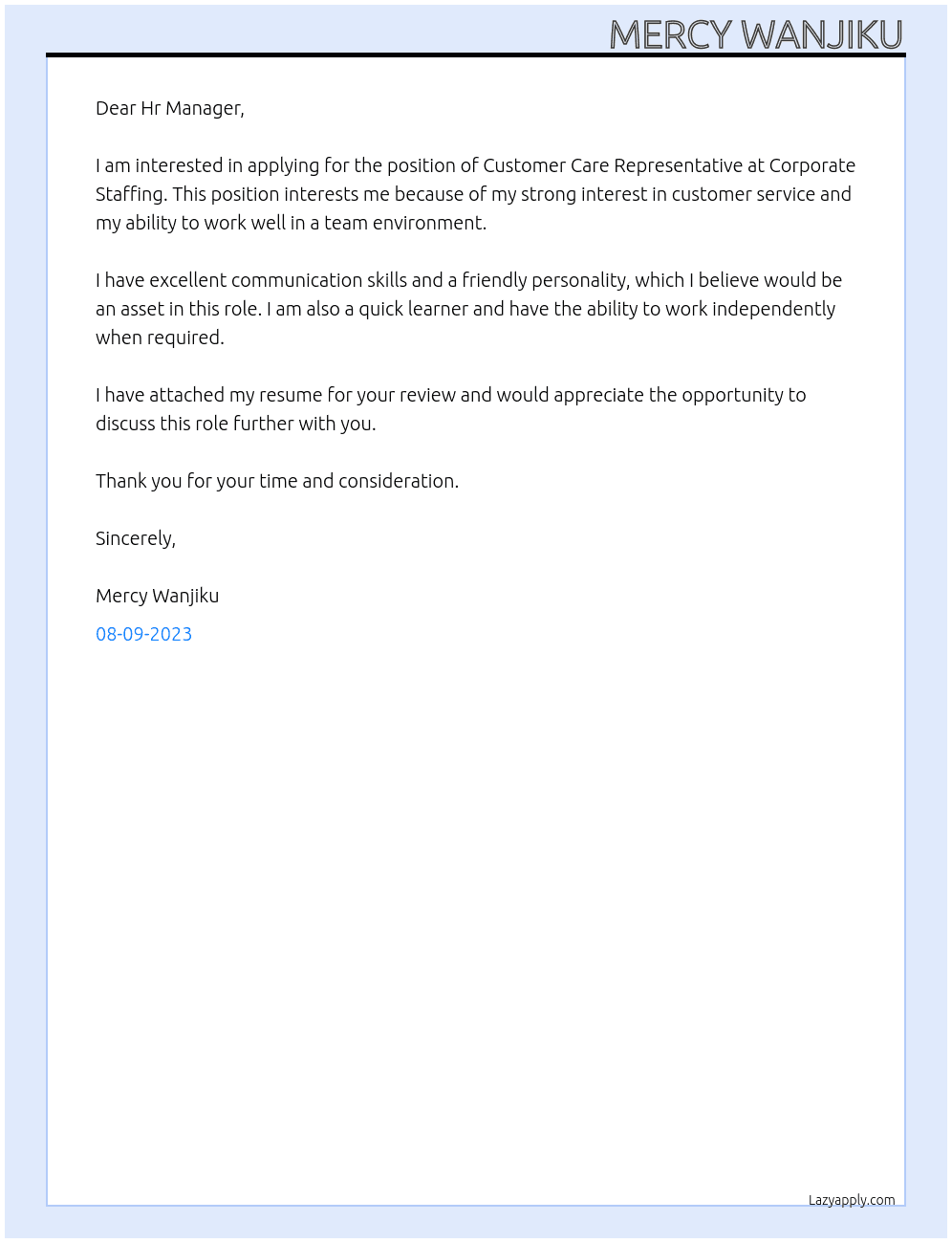 Customer Care Representative At Corporate Staffing Cover Letter