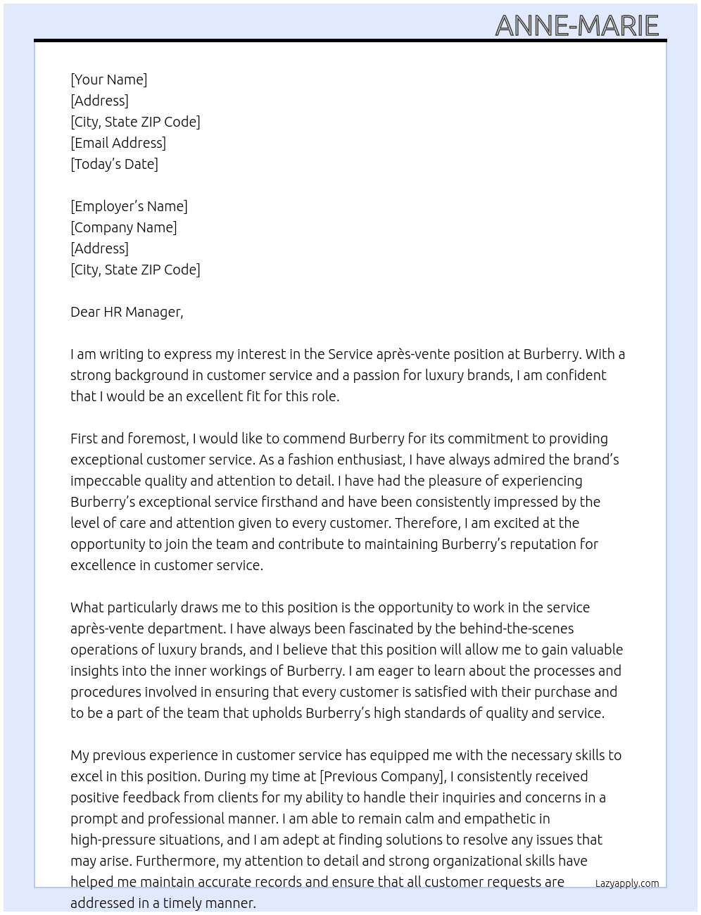 Service après-vente  At Burberry  Cover Letter