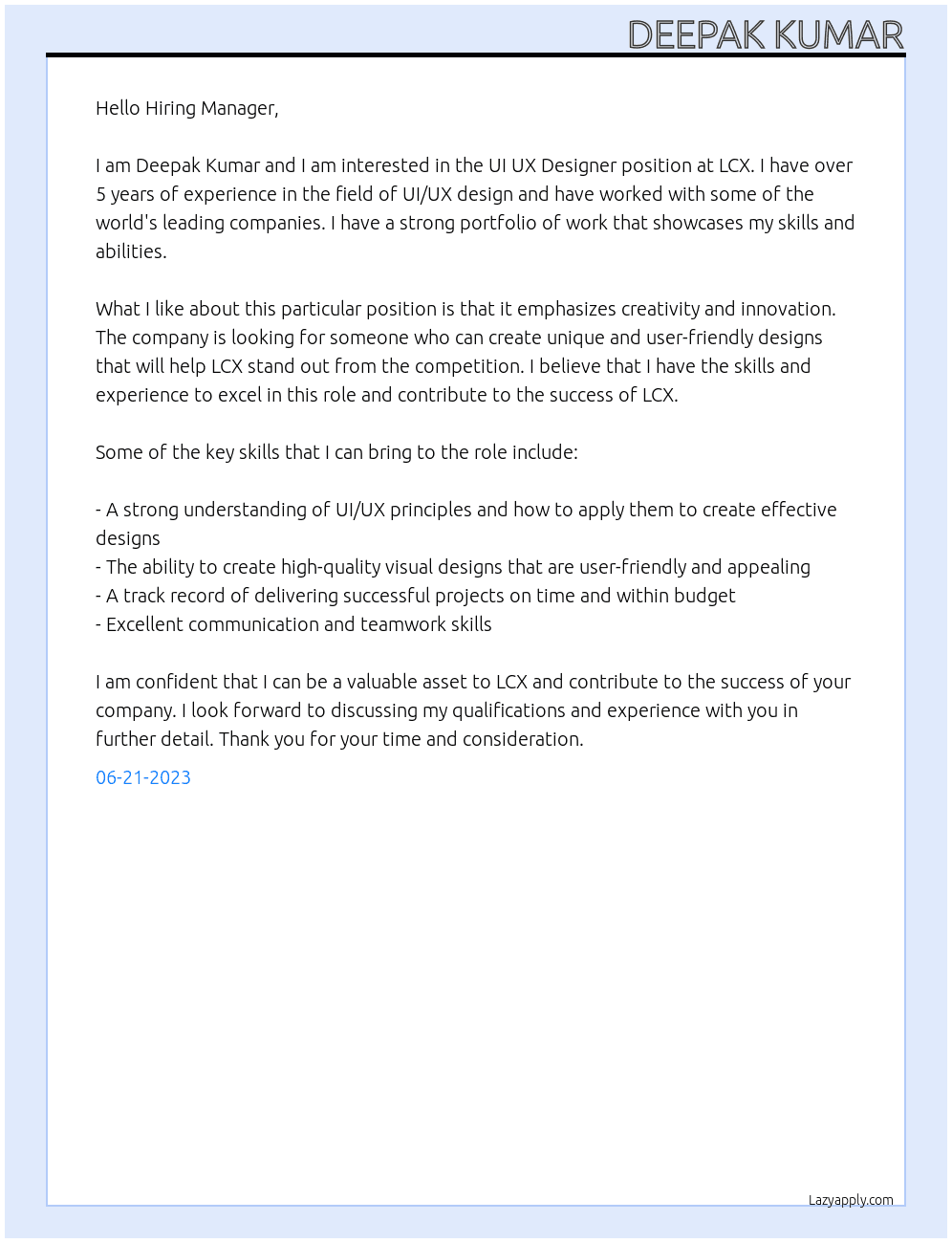 UI UX Designer At LCX Cover Letter