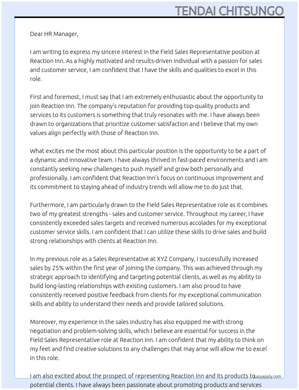 Field Sales Representative At Reaction Inn Cover Letter