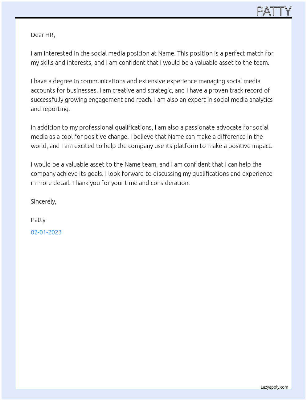 social media At Name Cover Letter