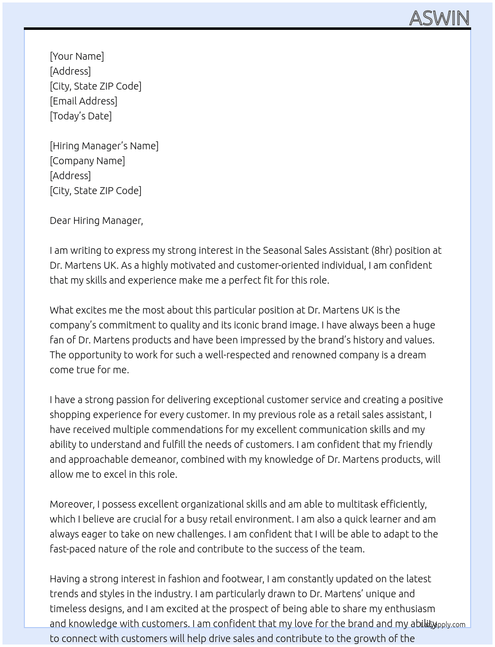 Seasonal Sales Assistant (8hr) At Dr. Martens UK Cover Letter