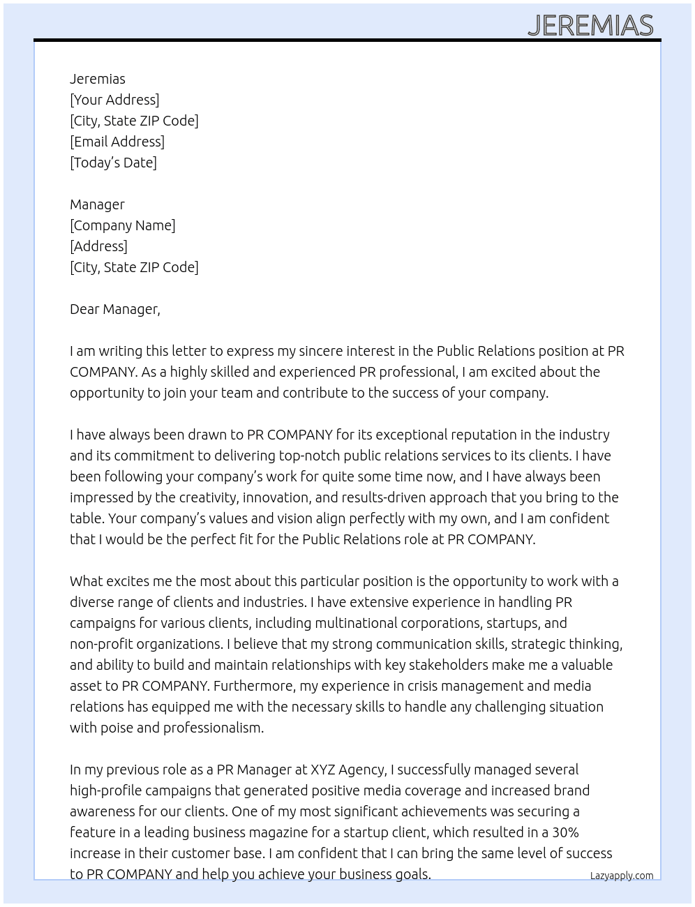 Public Relations At PR COMPANY Cover Letter