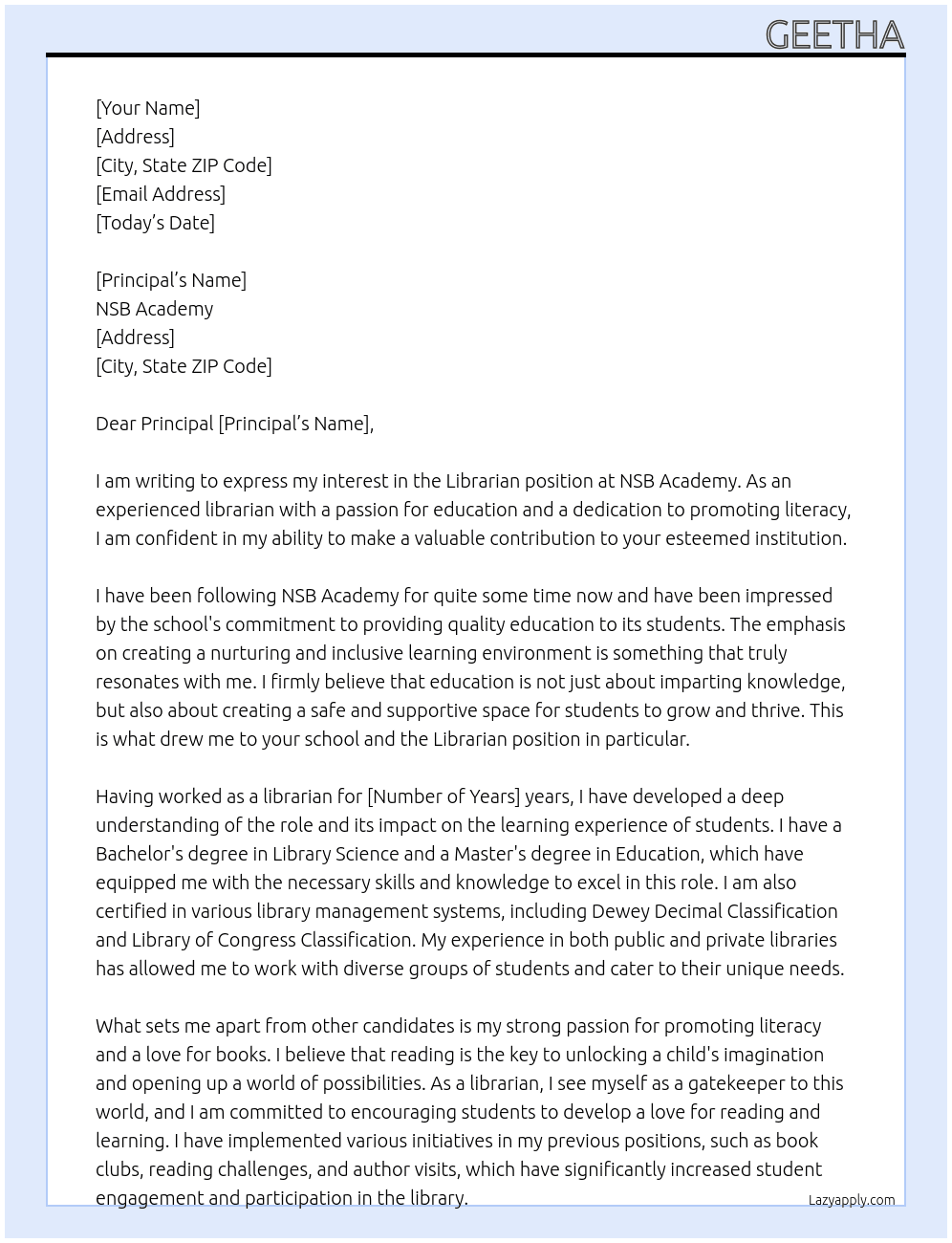 librarian At nsb academy Cover Letter