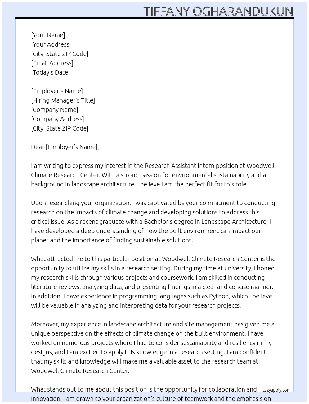 research assistant intern At woodwell climate research center Cover Letter