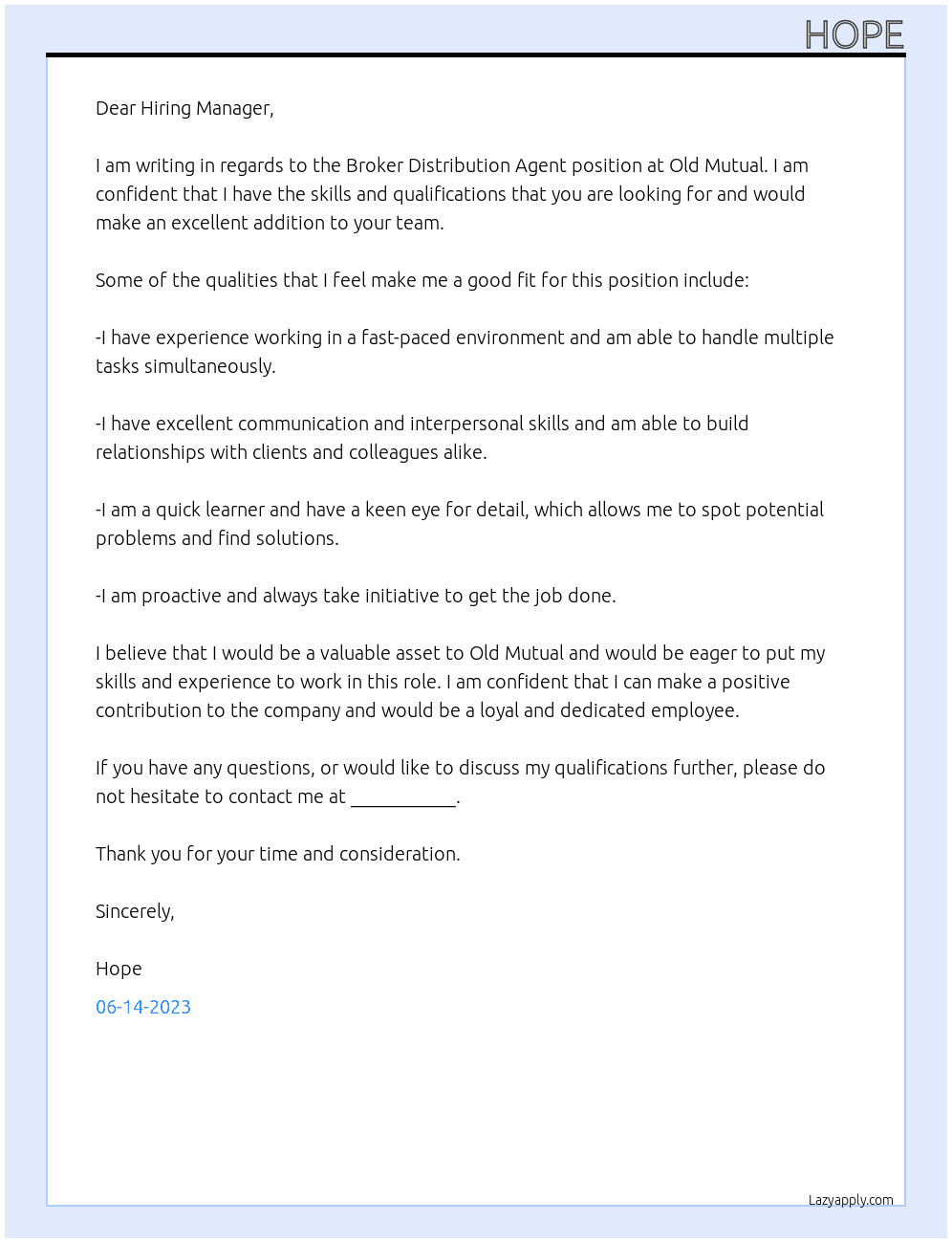 Broker distribution agent At Old mutual  Cover Letter