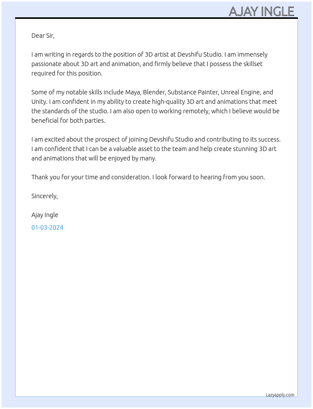 3d artist  At Devshifu Studio  Cover Letter
