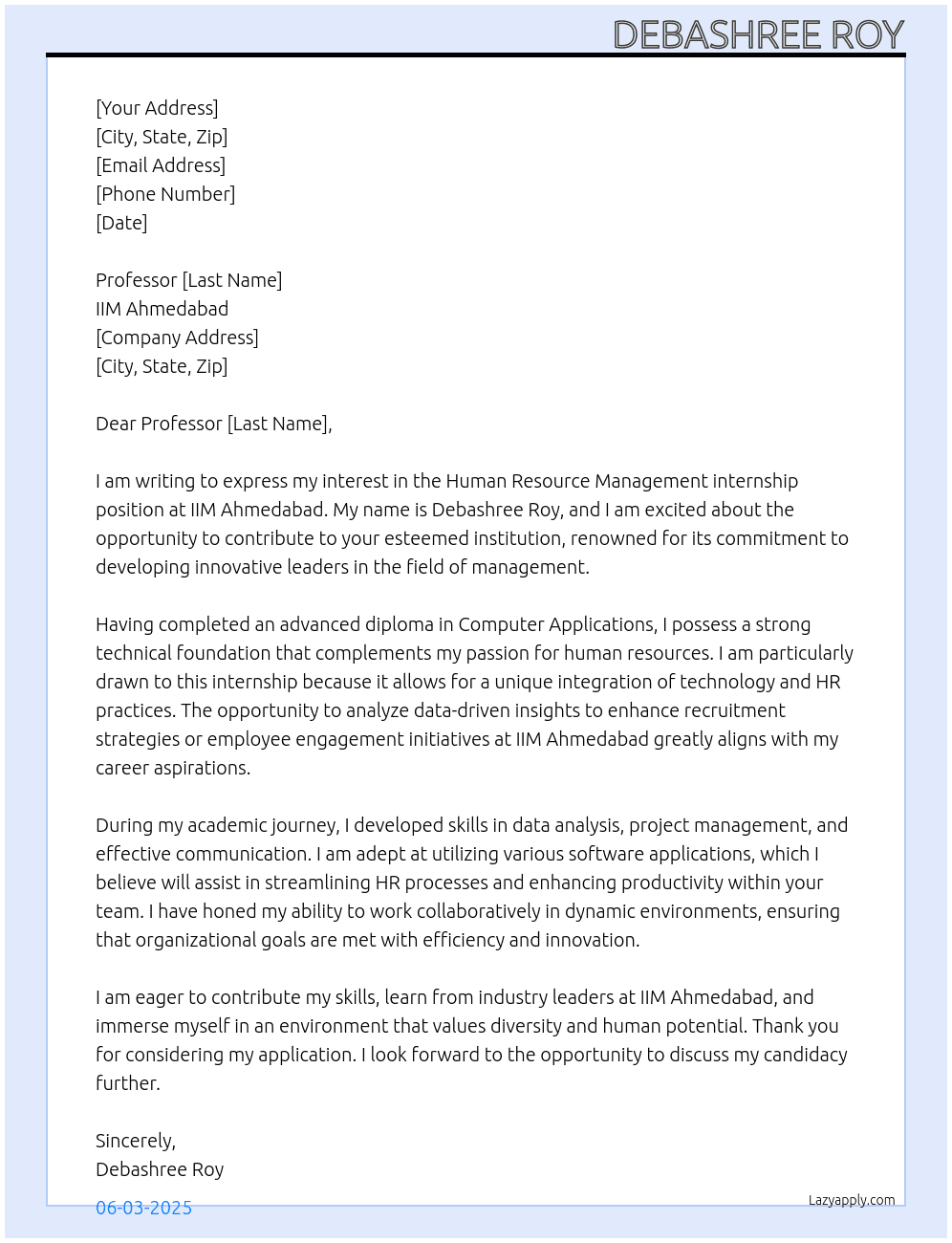 Human Resource Management  At IIM AHMEDABAD  Cover Letter