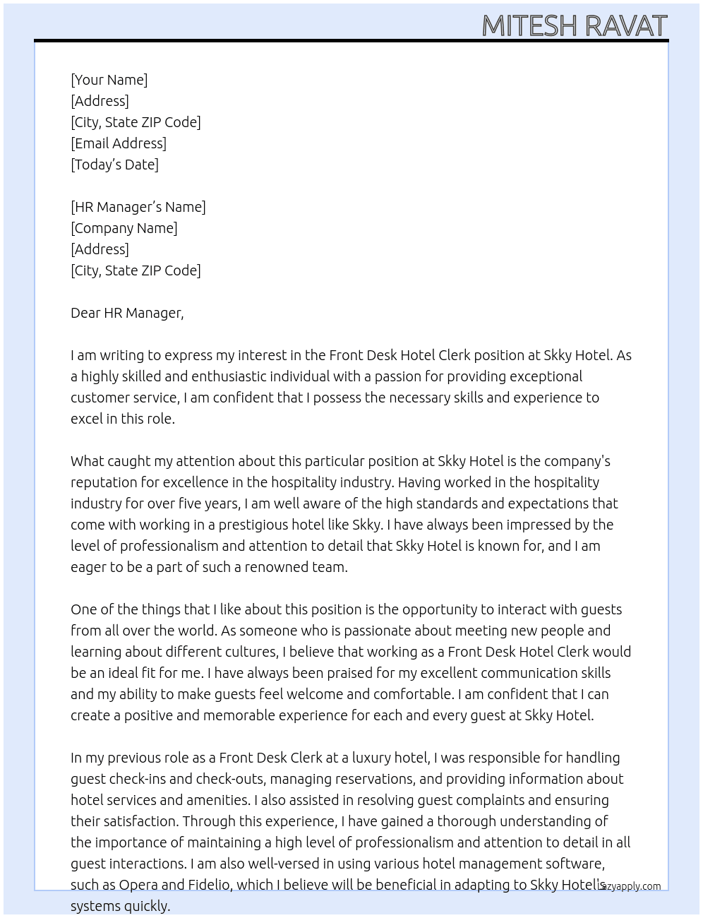 Front Desk hotel clerk At Skky Hotel Cover Letter