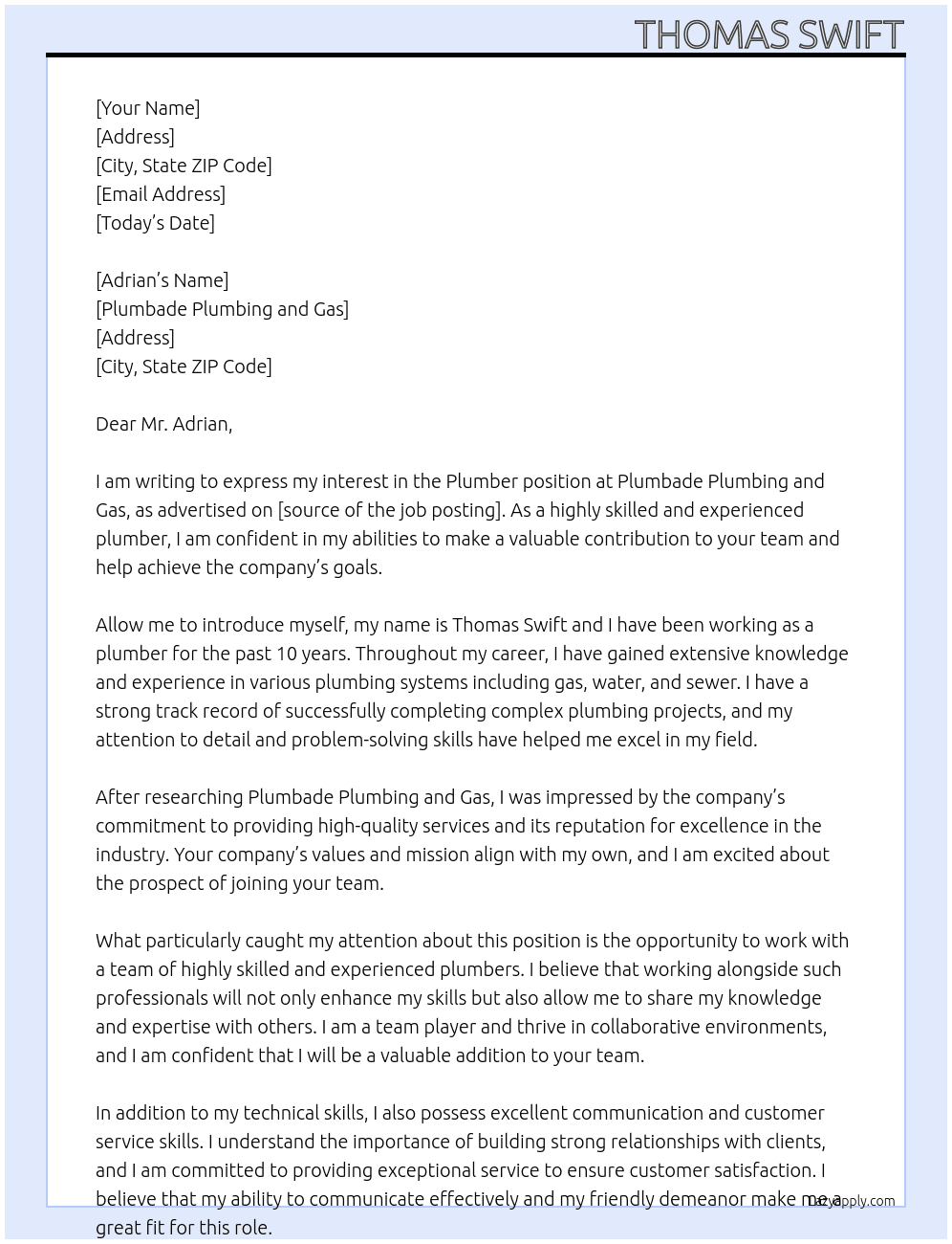 Plumber At Plumbade Plumbing and Gas Cover Letter