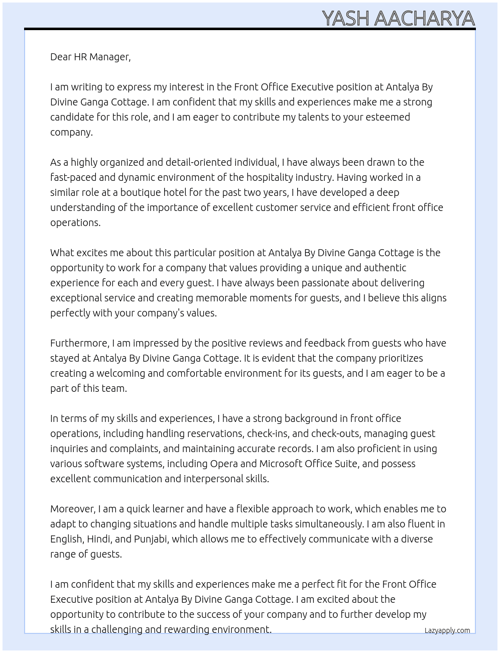 Front Office Executive At Antalya By Divine Ganga Cottage Cover Letter