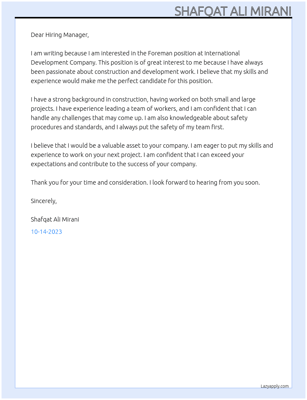 Foreman At International Development Company Cover Letter