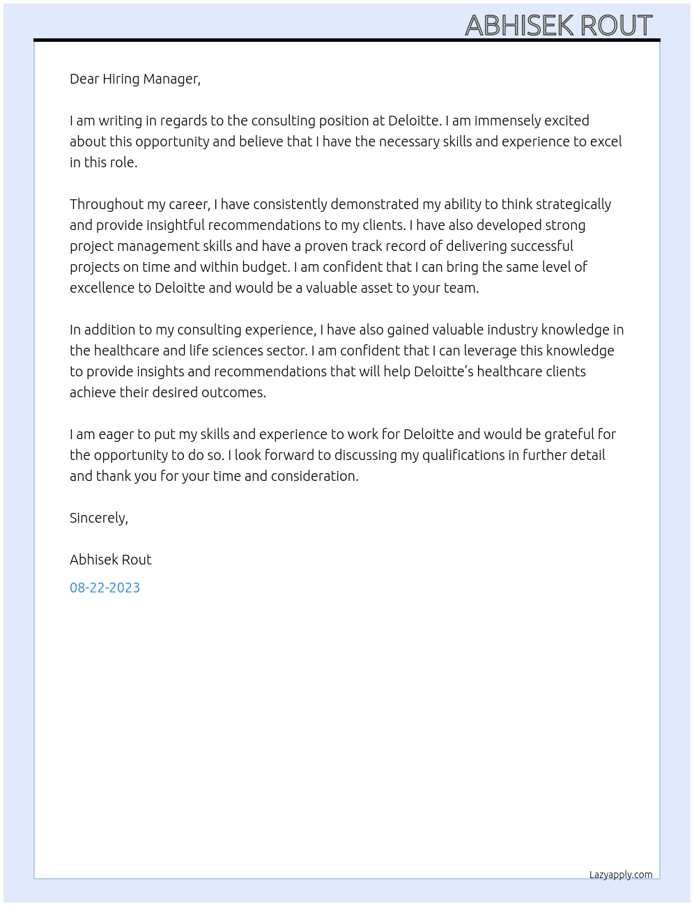 Consulting At Deloitte  Cover Letter