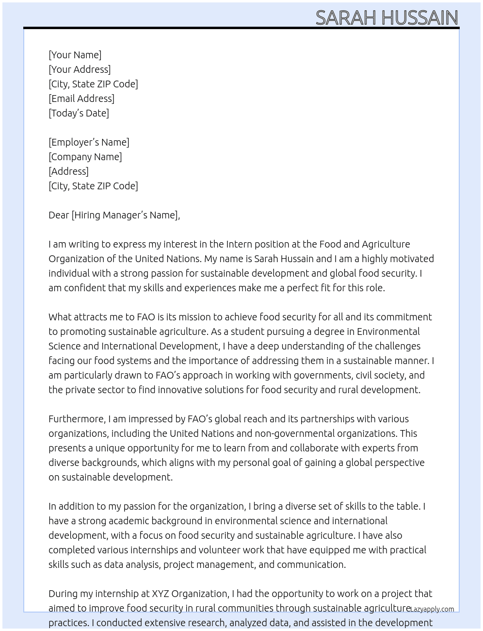 Intern At Food and Agriculture Organization of the United Nations Cover Letter