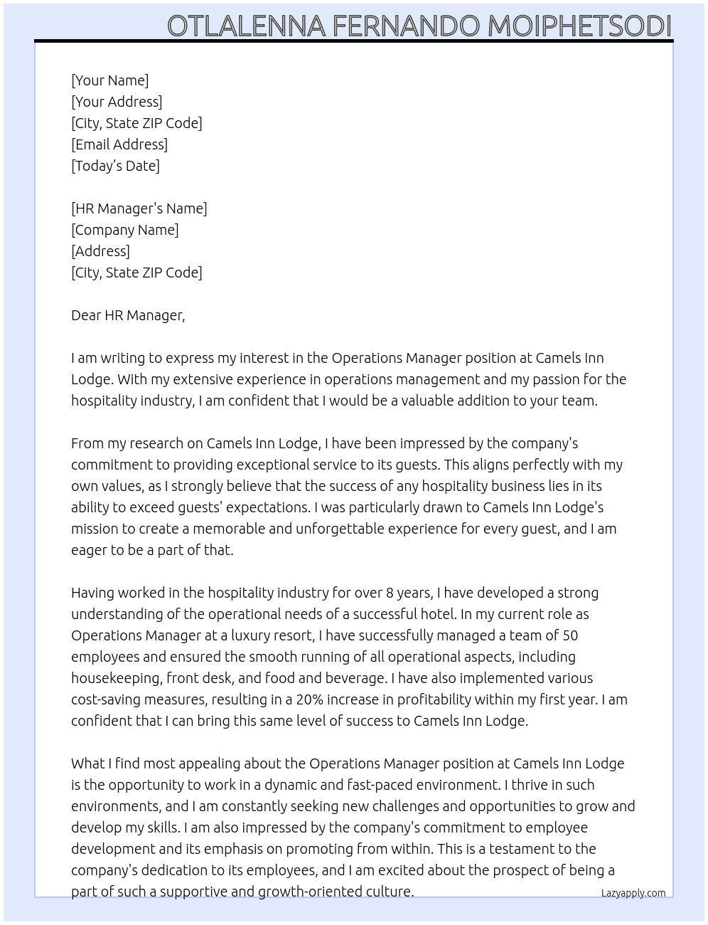 Operations Manager At Camels Inn Lodge Cover Letter