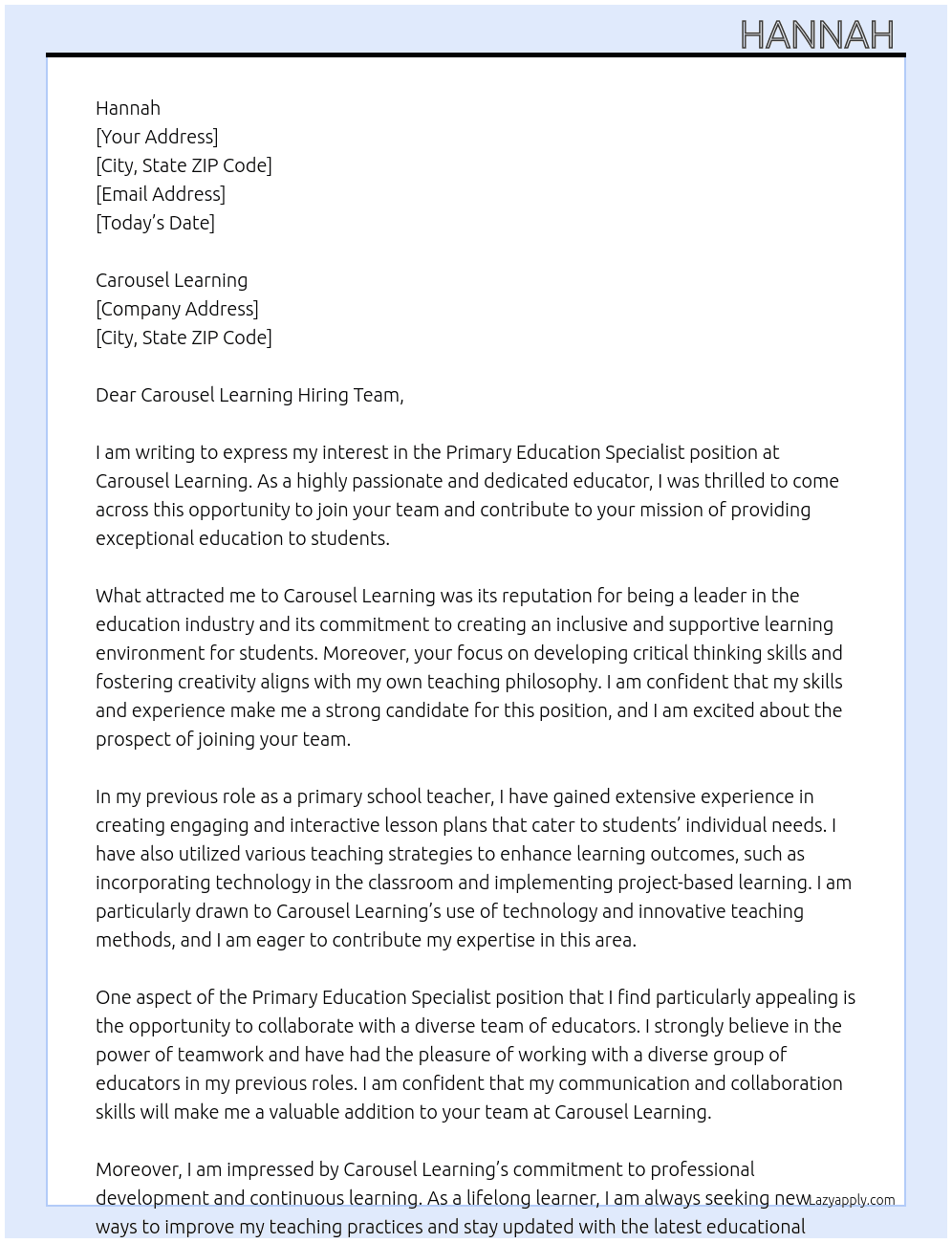 Primary Education Speciallist At Carousel Learning Cover Letter