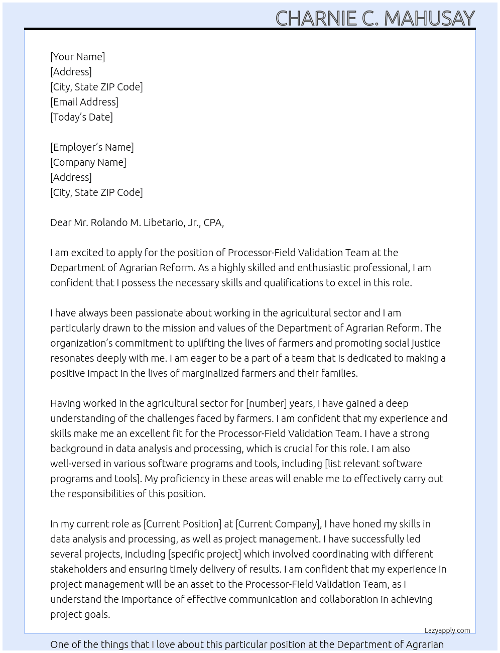 processor-field validation team At Department of Agrarian Reform Cover Letter