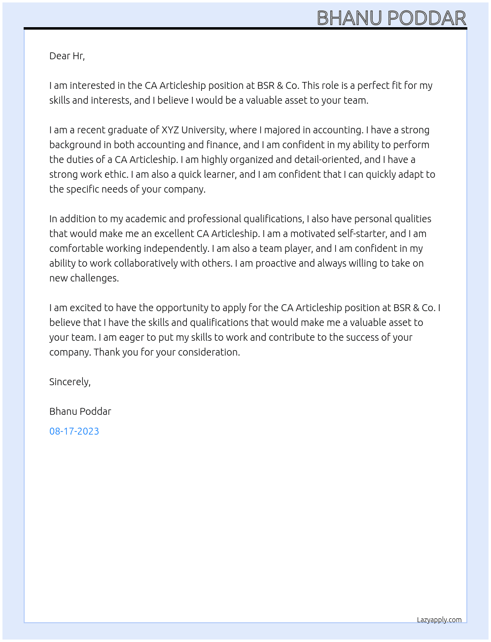 CA Articleship At BSR & Co Cover Letter