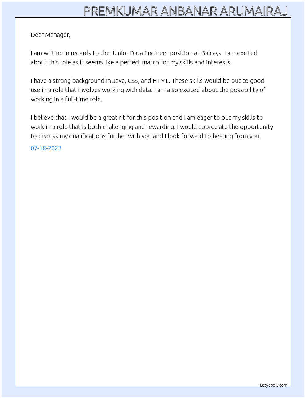 Junior data engineer At Balcays Cover Letter