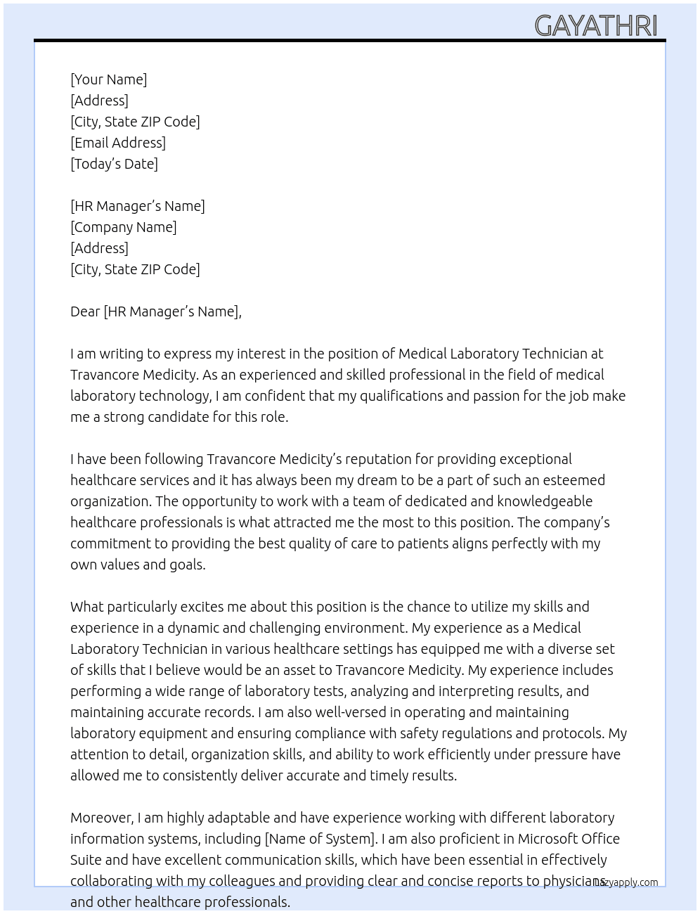 Medical laboratory technician  At Travancore medicity  Cover Letter