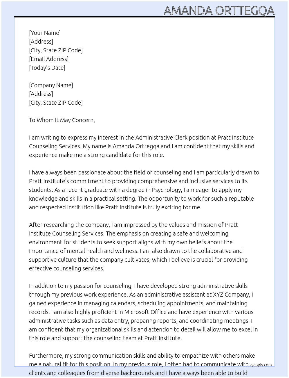 Administrative Clerk At Pratt Institute Counseling Services Cover Letter