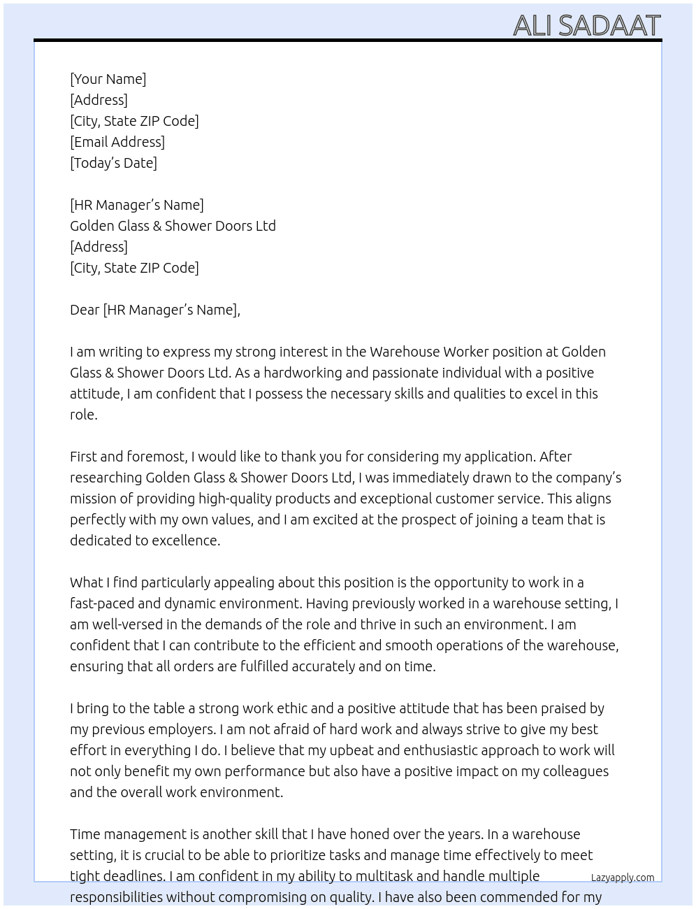 Warehouse Worker At Golden Glass & Shower Doors Ltd Cover Letter