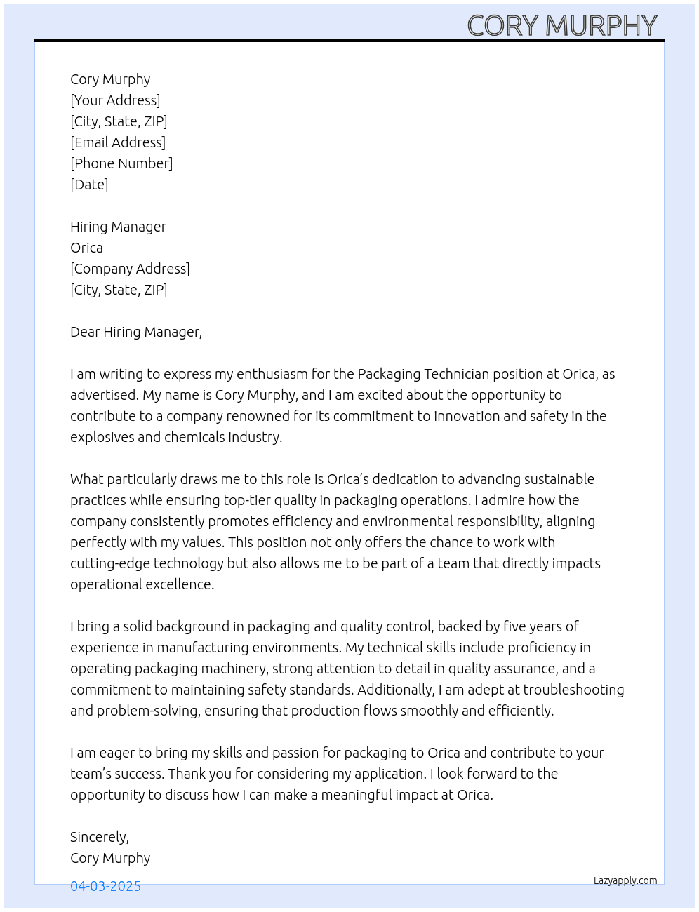 Packaging Technician  At Orica Cover Letter