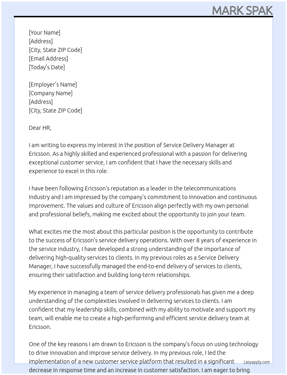 Service Delivery Manager At Ericsson Cover Letter