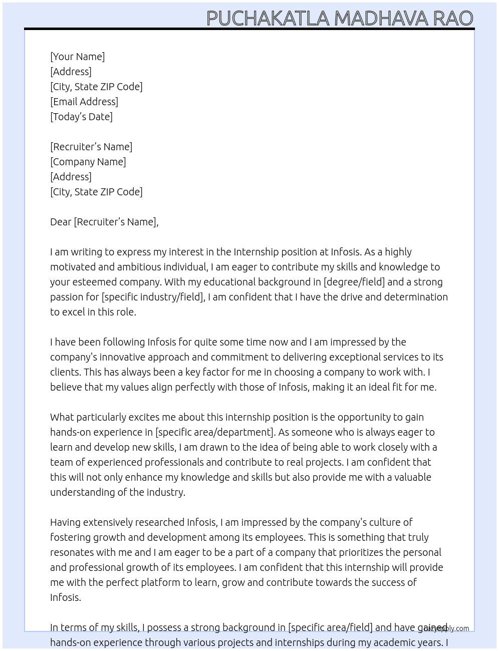 Internship At infosis Cover Letter