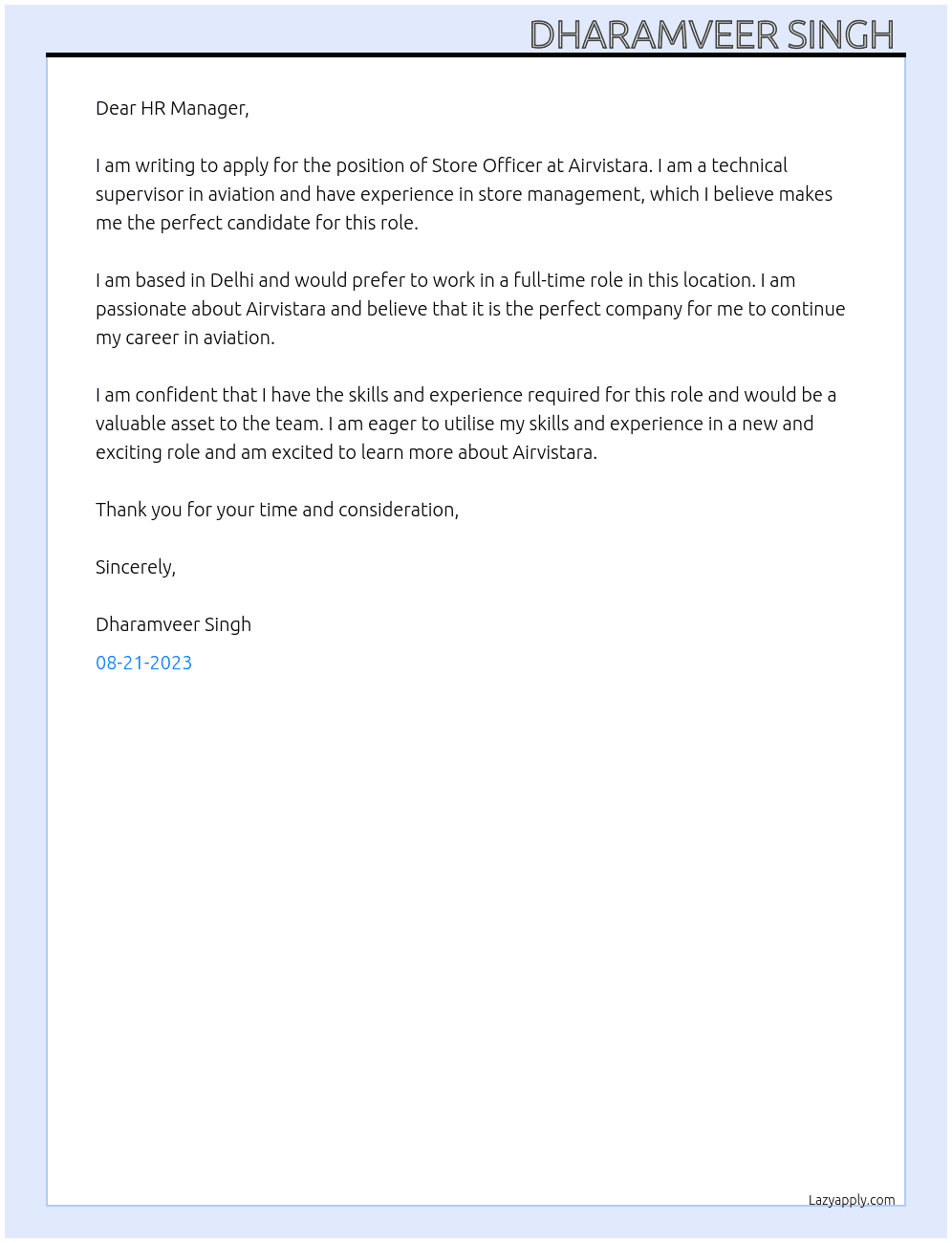 Store officer At Airvistara  Cover Letter