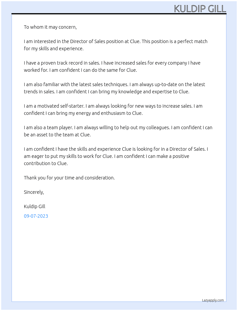 Director of Sales At Clue Cover Letter