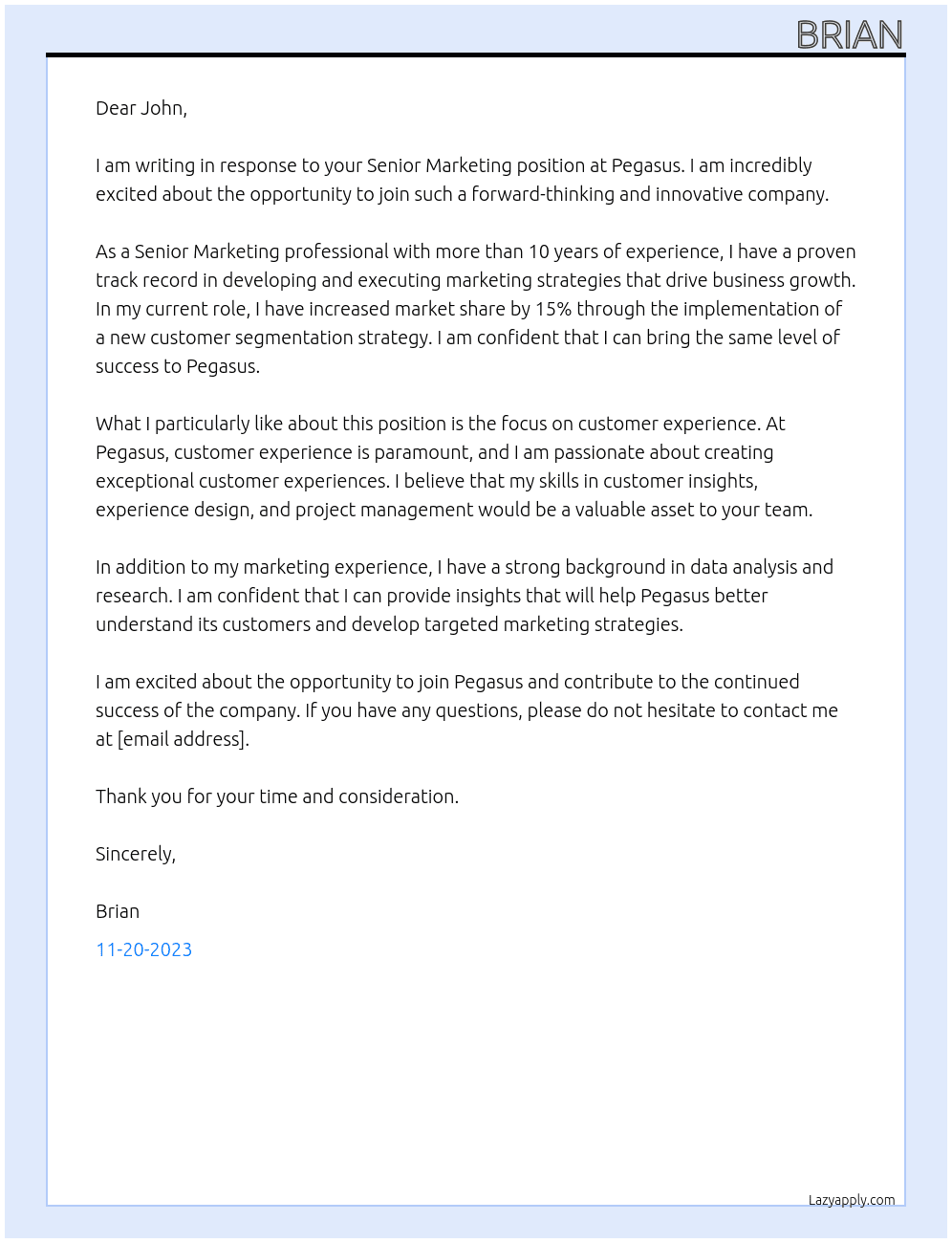 Senior Marketing At Pegasus Cover Letter