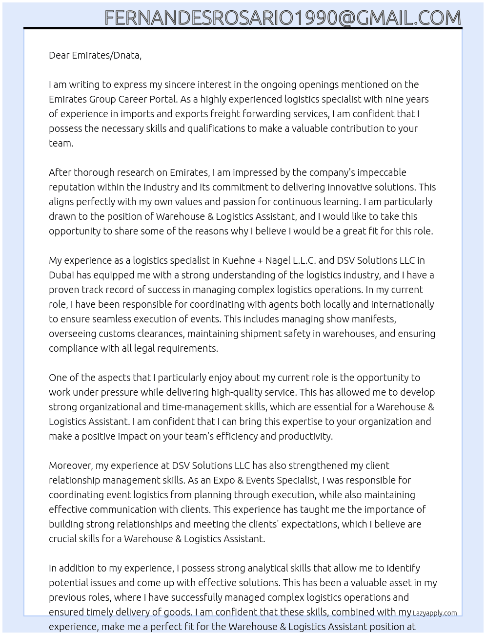 Cover letter for warehouse & logistics assistant - LazyApply