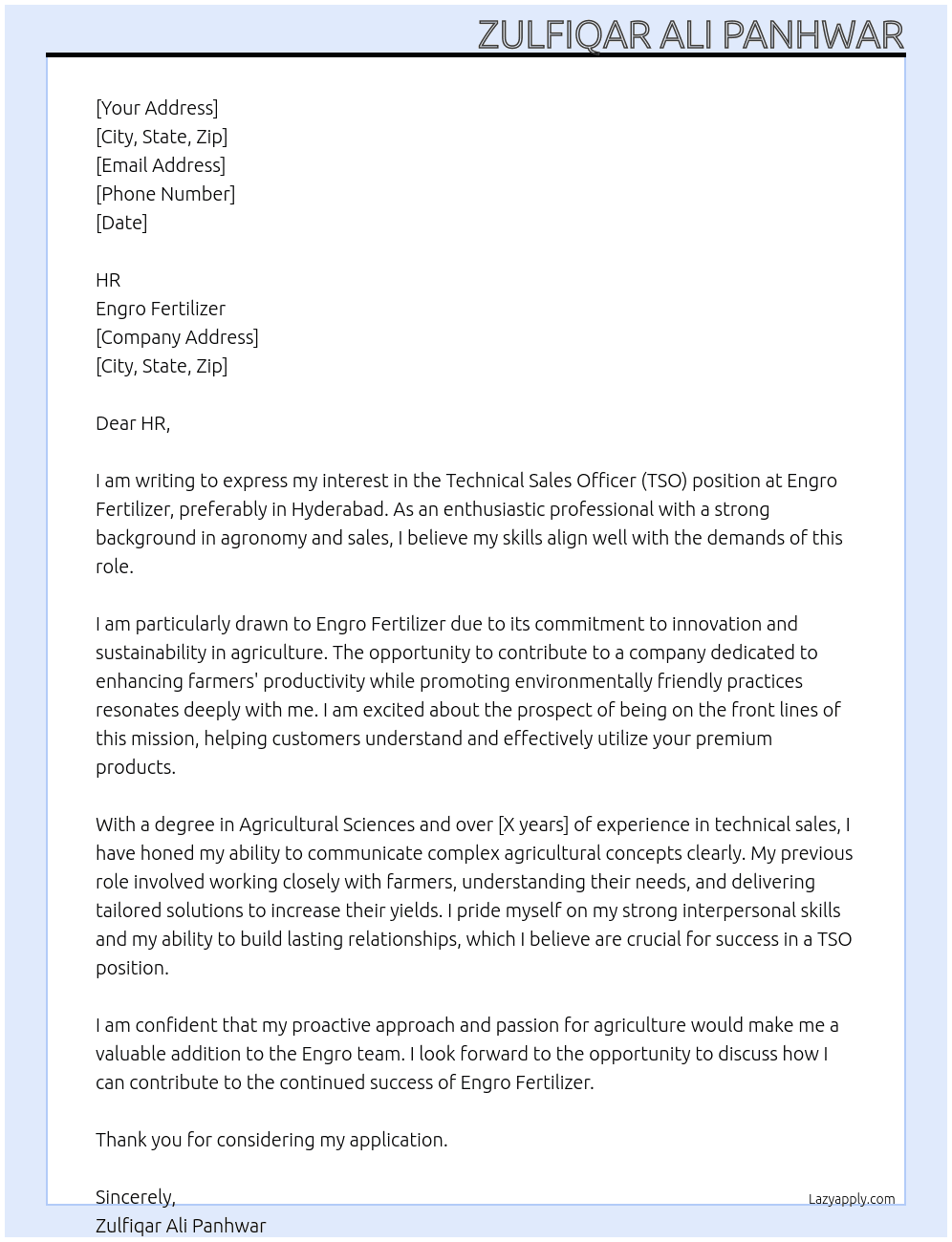 TSO At Engro fertilizer  Cover Letter