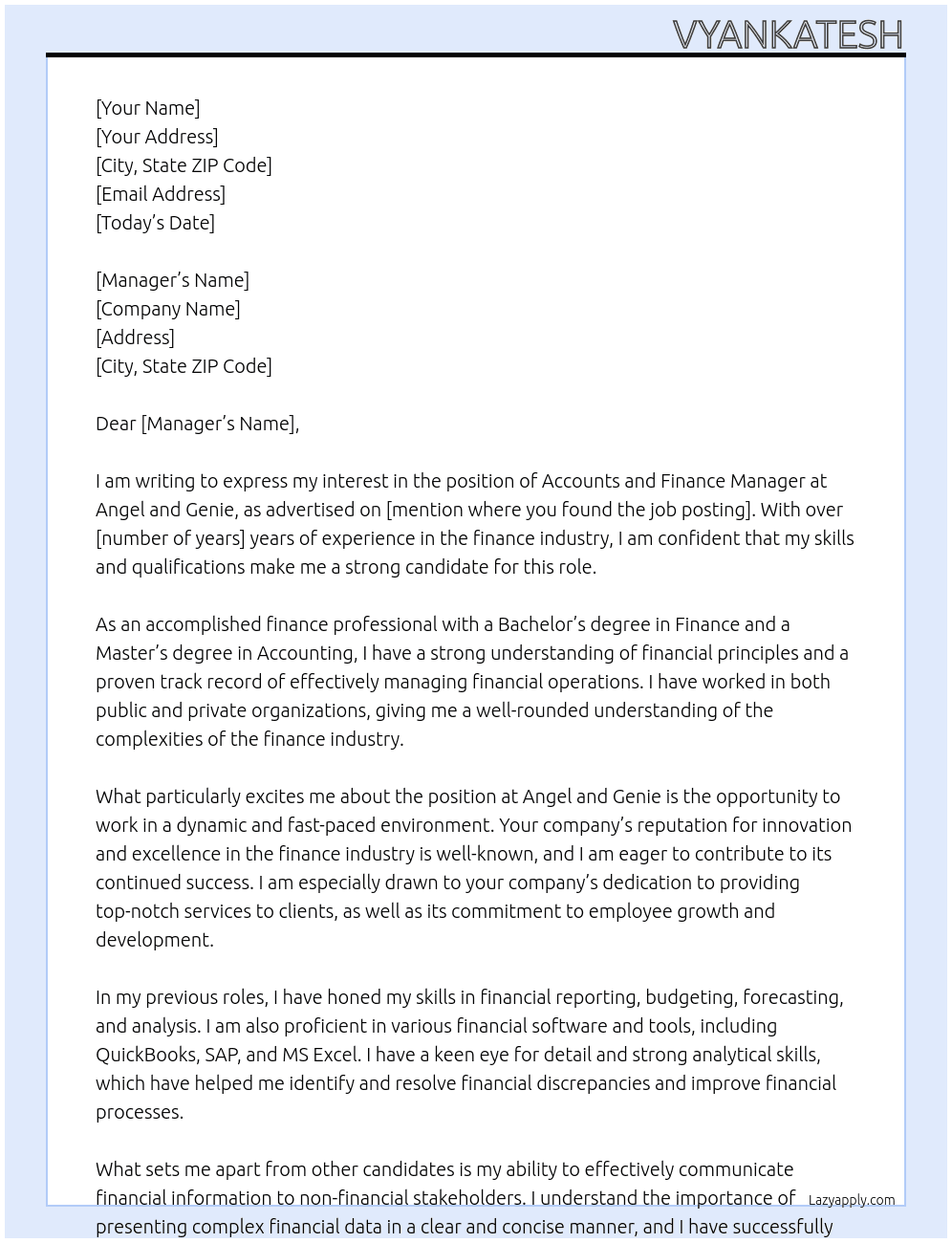 Accounts and finance At Angel and genie Cover Letter
