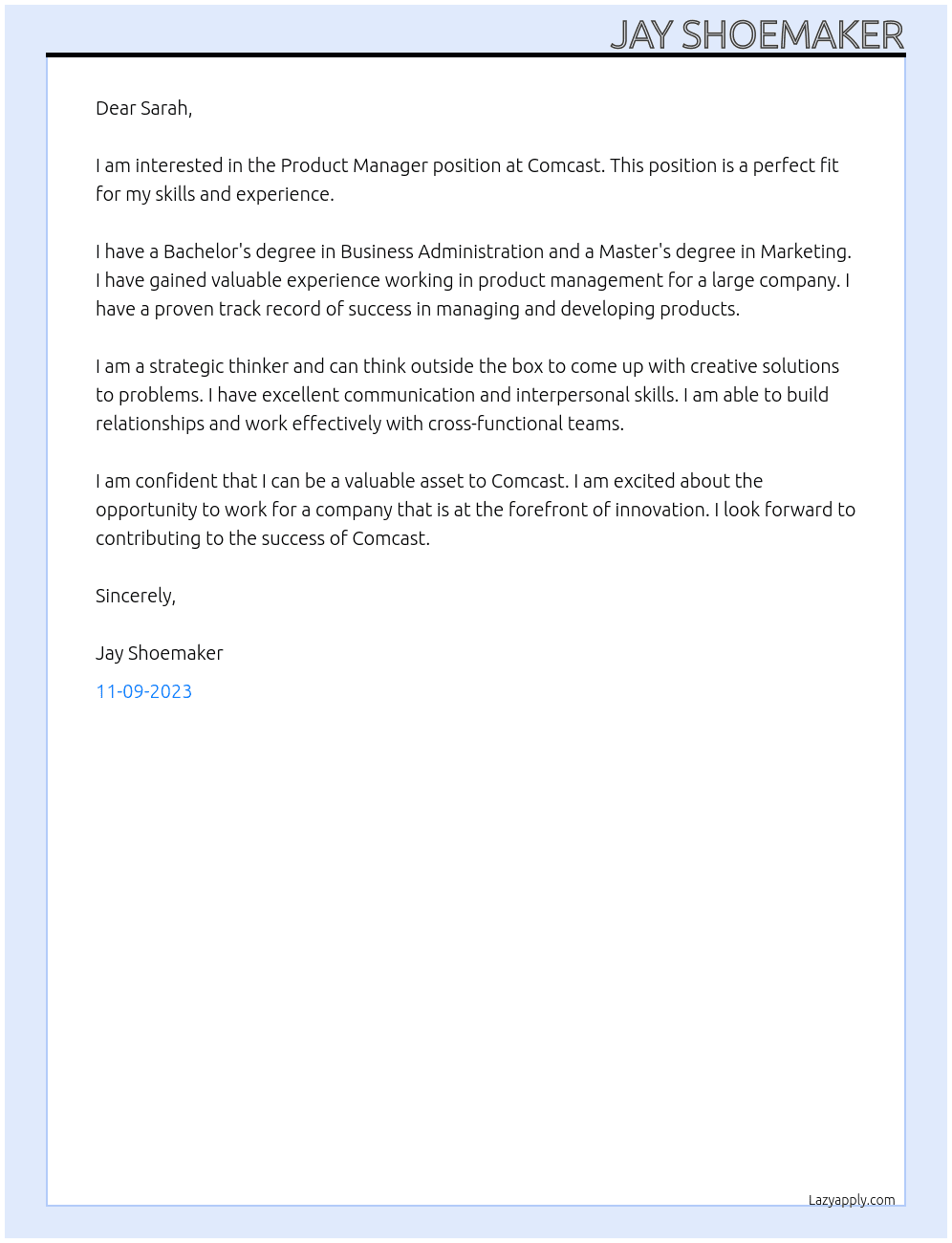 Product Manager At Comcast Cover Letter