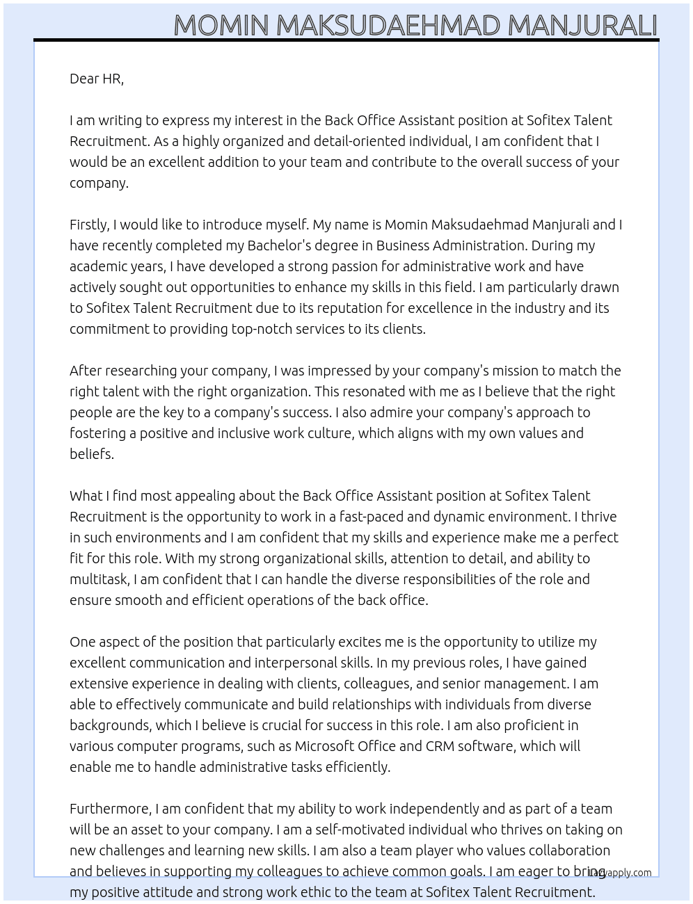 Back Office Assistant At Sofitex Talent Recruitment  Cover Letter