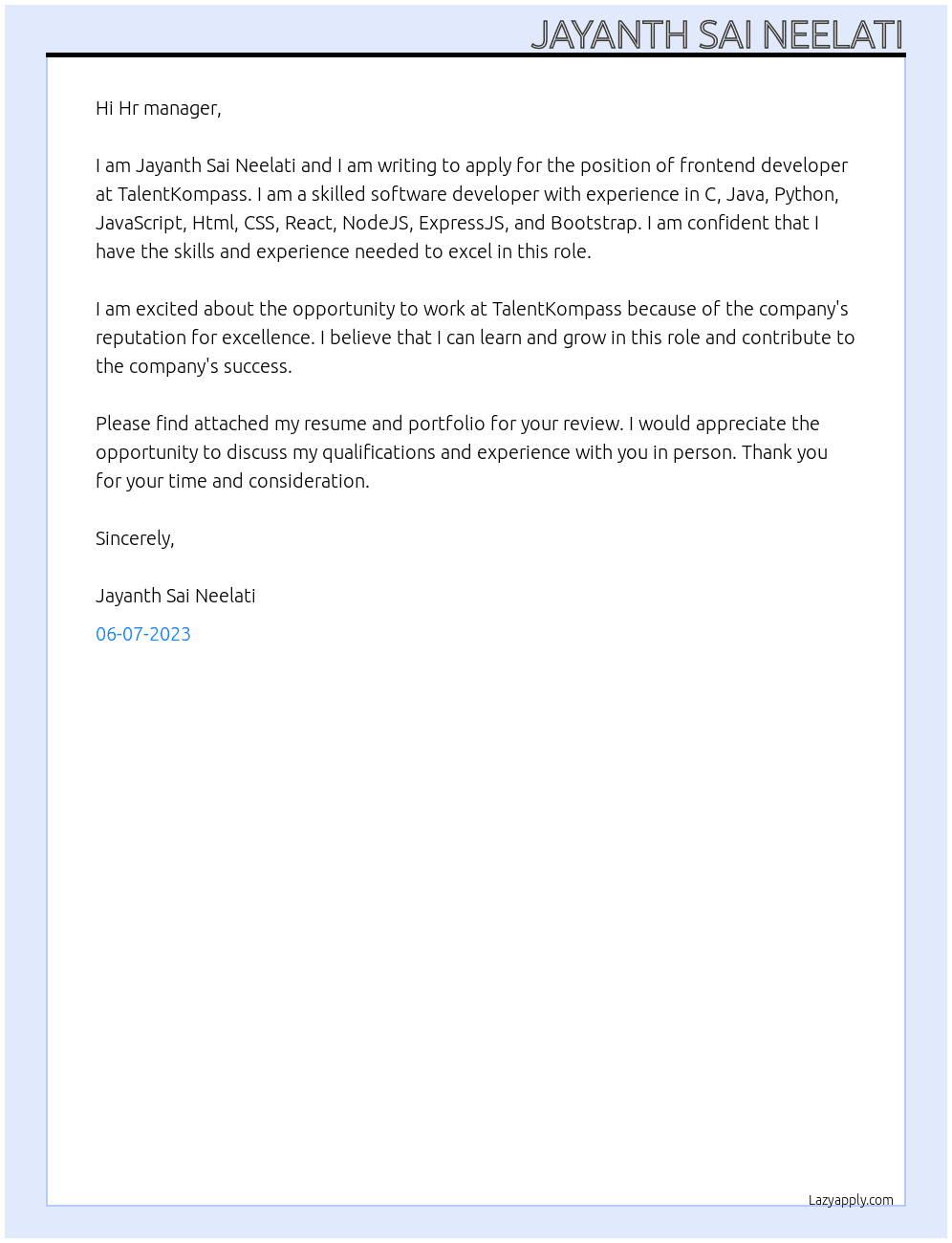 frontend developer At TalentKompass  Cover Letter