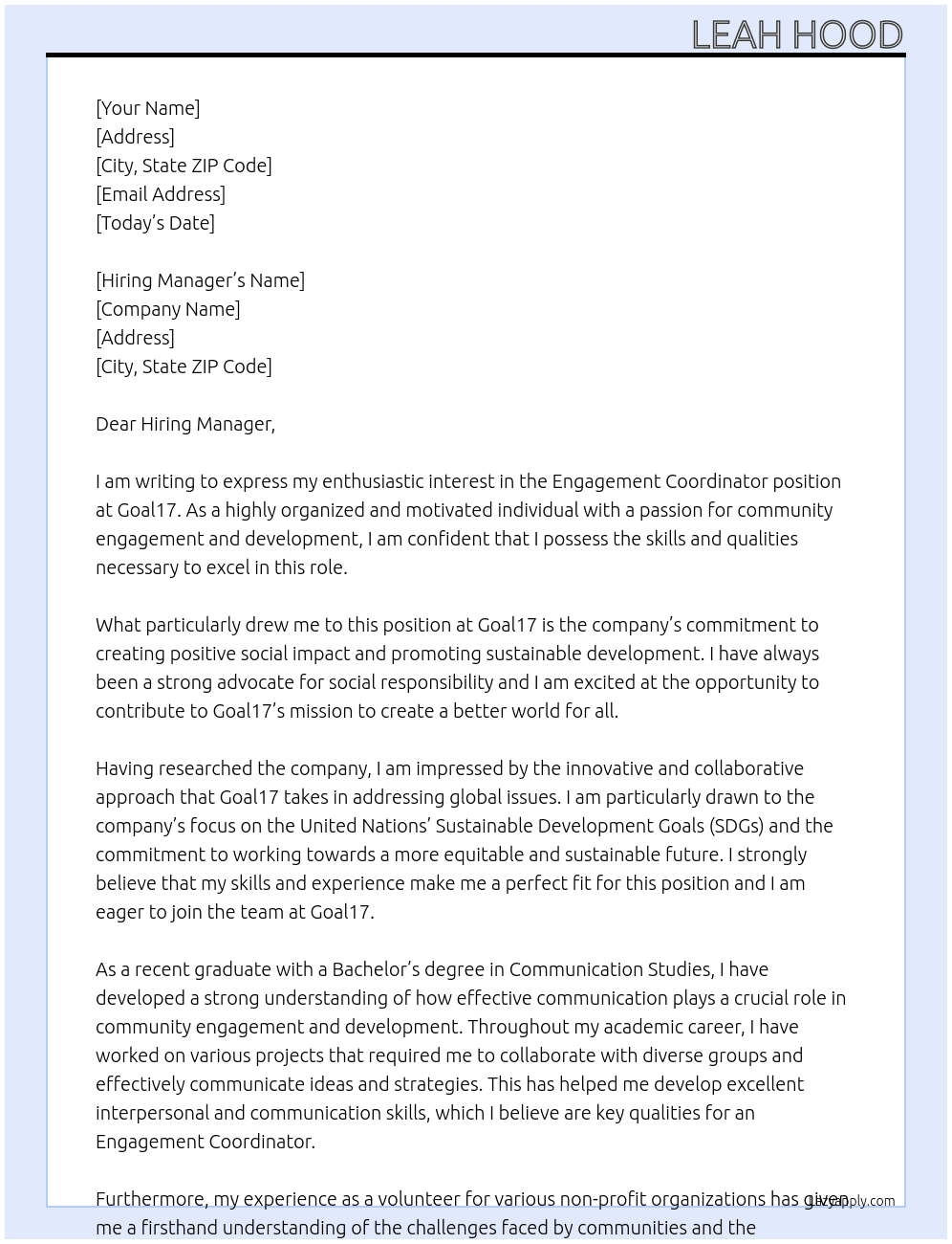 Engagement Coordinator At Goal17 Cover Letter