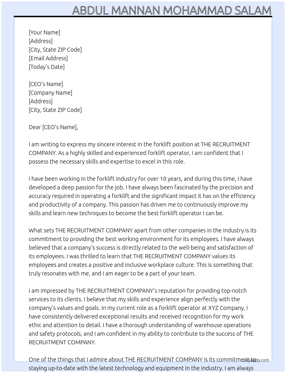 forklift At THE RECRUITMENT COMPANY Cover Letter