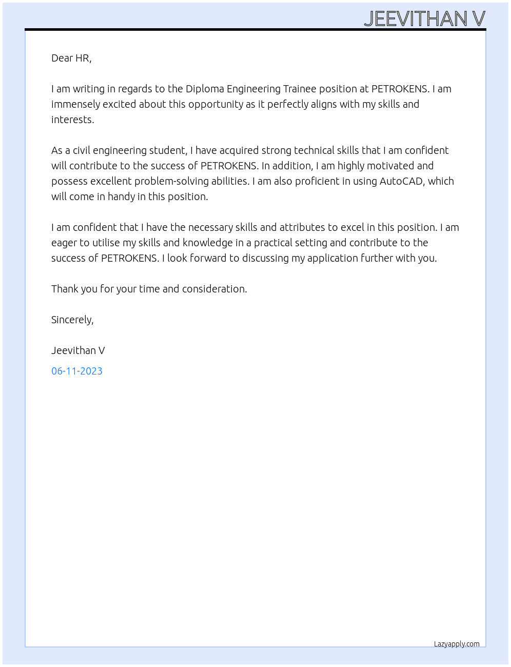 Diploma Engineering Trainee  At PETROKENS Cover Letter
